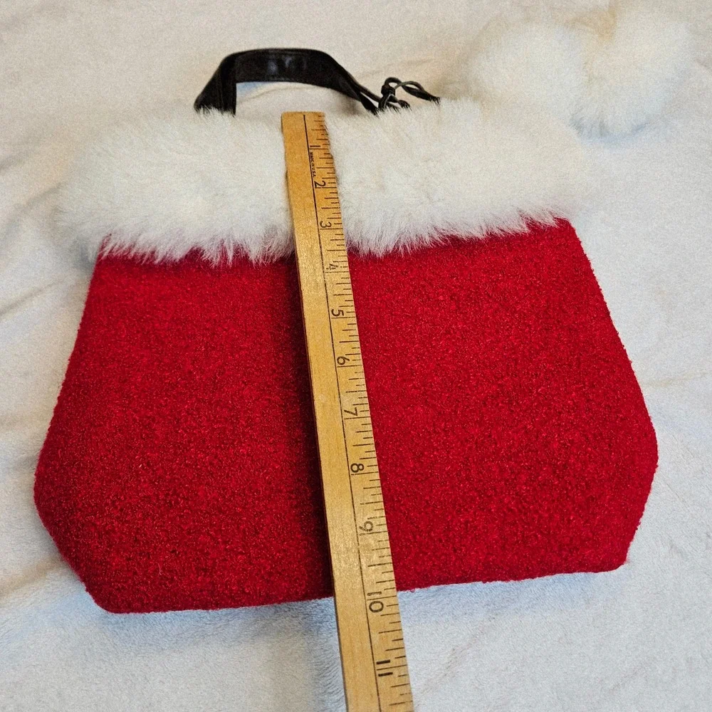 Bath Body Works Womens Red White Faux Fur Pom Pom Holiday Tote Bag Small Festive